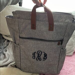 NWOT Thirty-One Grey Monogram Canvas Tote Backpack with Brown Handles